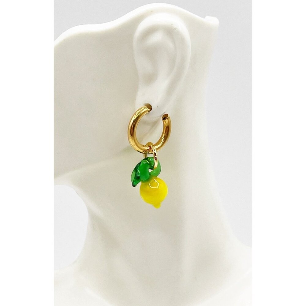 Gold Tone Blown Glass Lemon Drop Small Hoop Dangle Earrings Spring/Summer